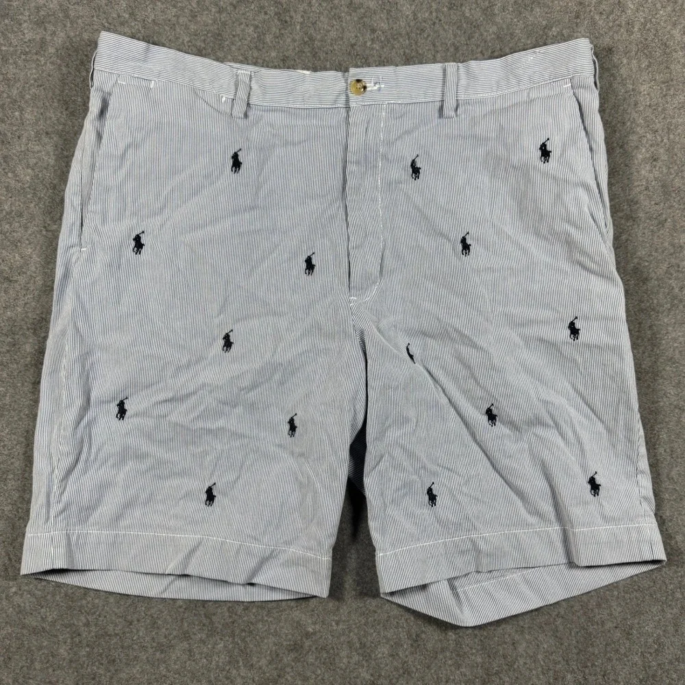 Polo Ralph Lauren Shorts Mens 38 Blue Seersucker Striped All Over Pony Logo
